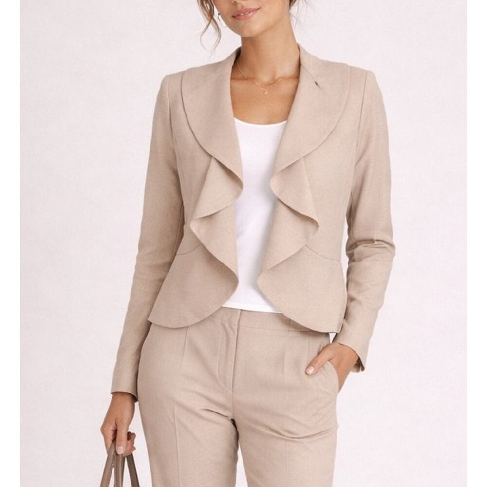 VTG Kasper Ruffle Front Blazer Jacket Size 6 Beige Office Minimal Career Preppy